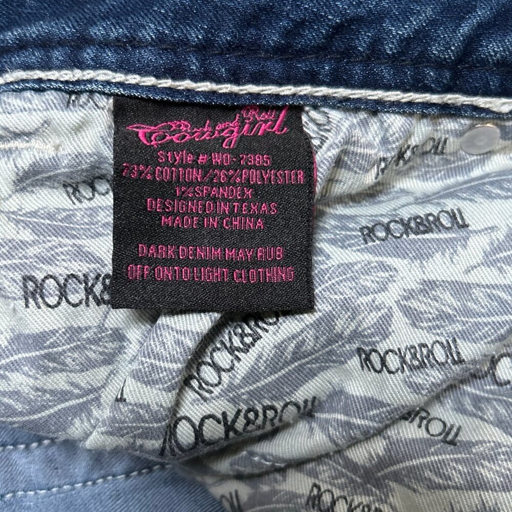 Rock & Roll Cowgirl Dark Wash Bootcut Jeans Western Rodeo Low Rise | 34 - Picture 10 of 13